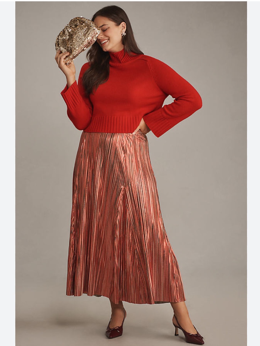 By Anthropologie Metallic Pleated Midi Skirt Red XS NWT Pull on elastic waist